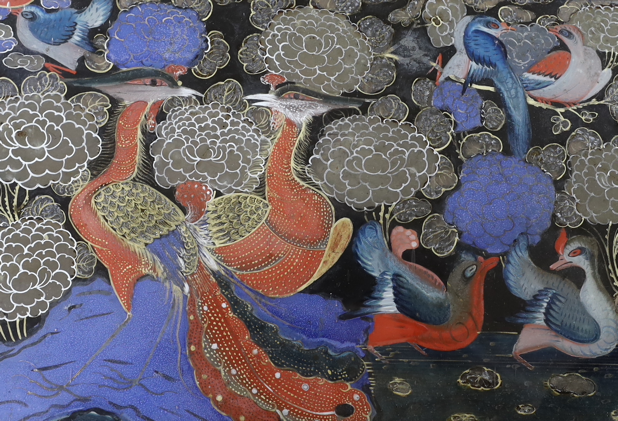 Chinese School, pair of reverse glass paintings, Birds of Paradise, each 33cm x 22cm